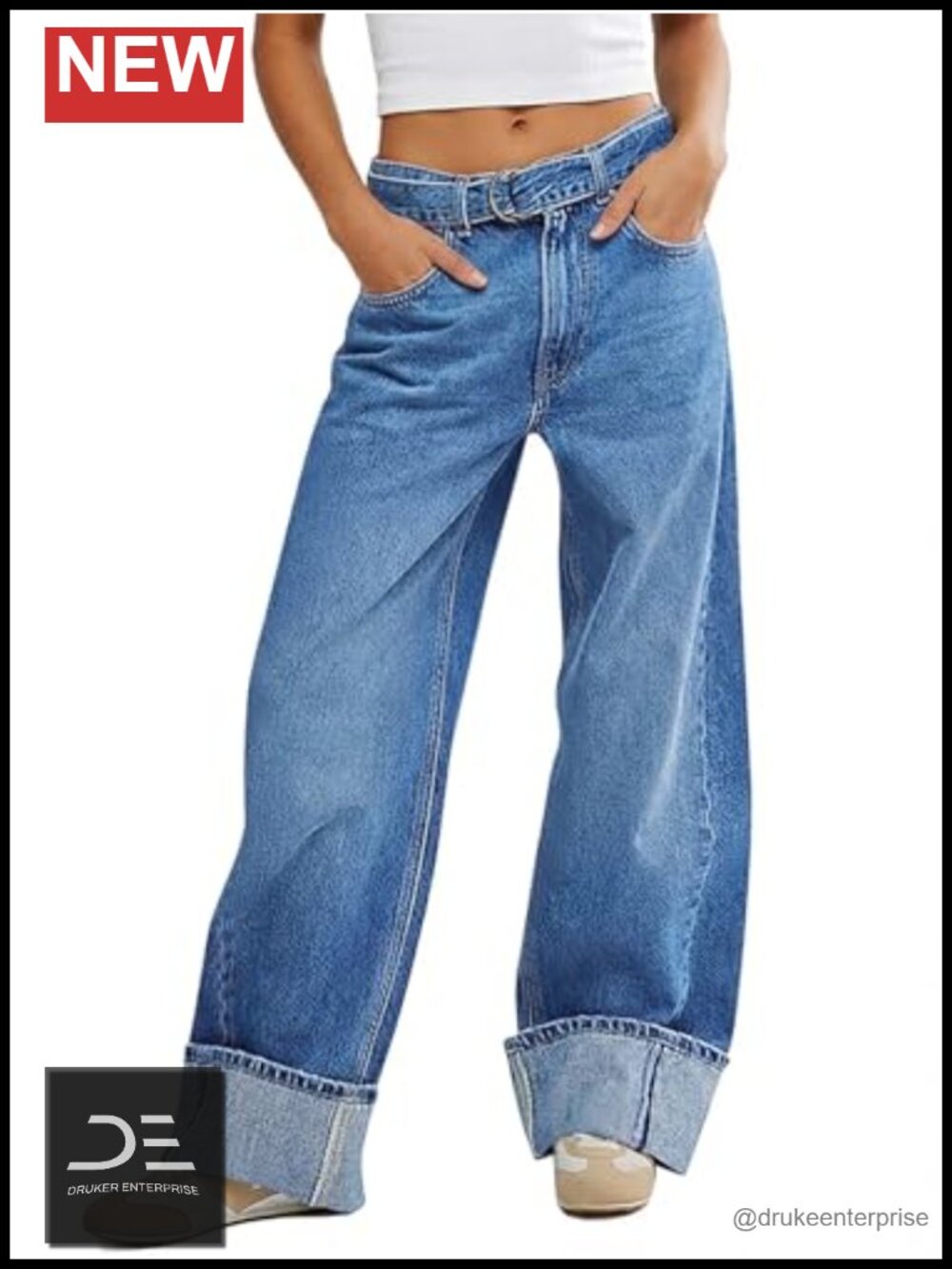 High Waisted Wide Leg Cuffed Jeans Baggy Boyfriend Denim Pants